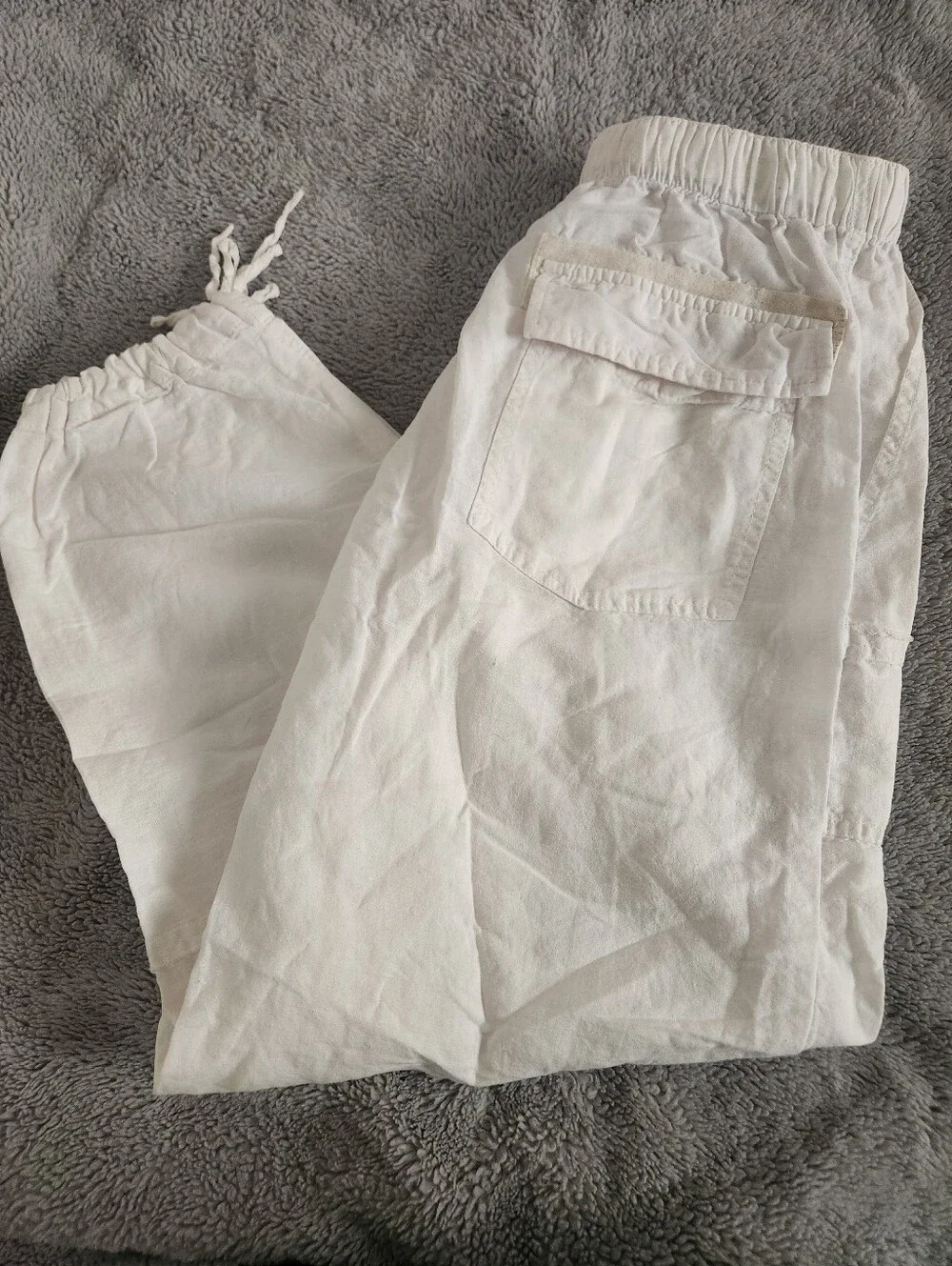 White Drawstring Linen Blend Pants